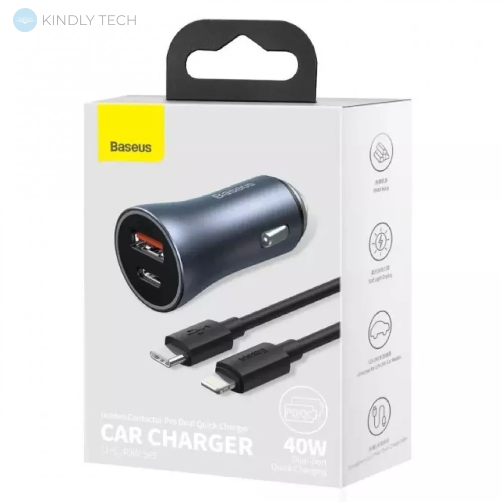 Автомобильное зарядное устройство Car Charger | 40W | 1U | 1C | C to Lightning Cable (1m) — Baseus (TZCCJD-B0G) Golden Contactor Pro Dual Quick Charger — TZCCJD-B0G Dark Gray