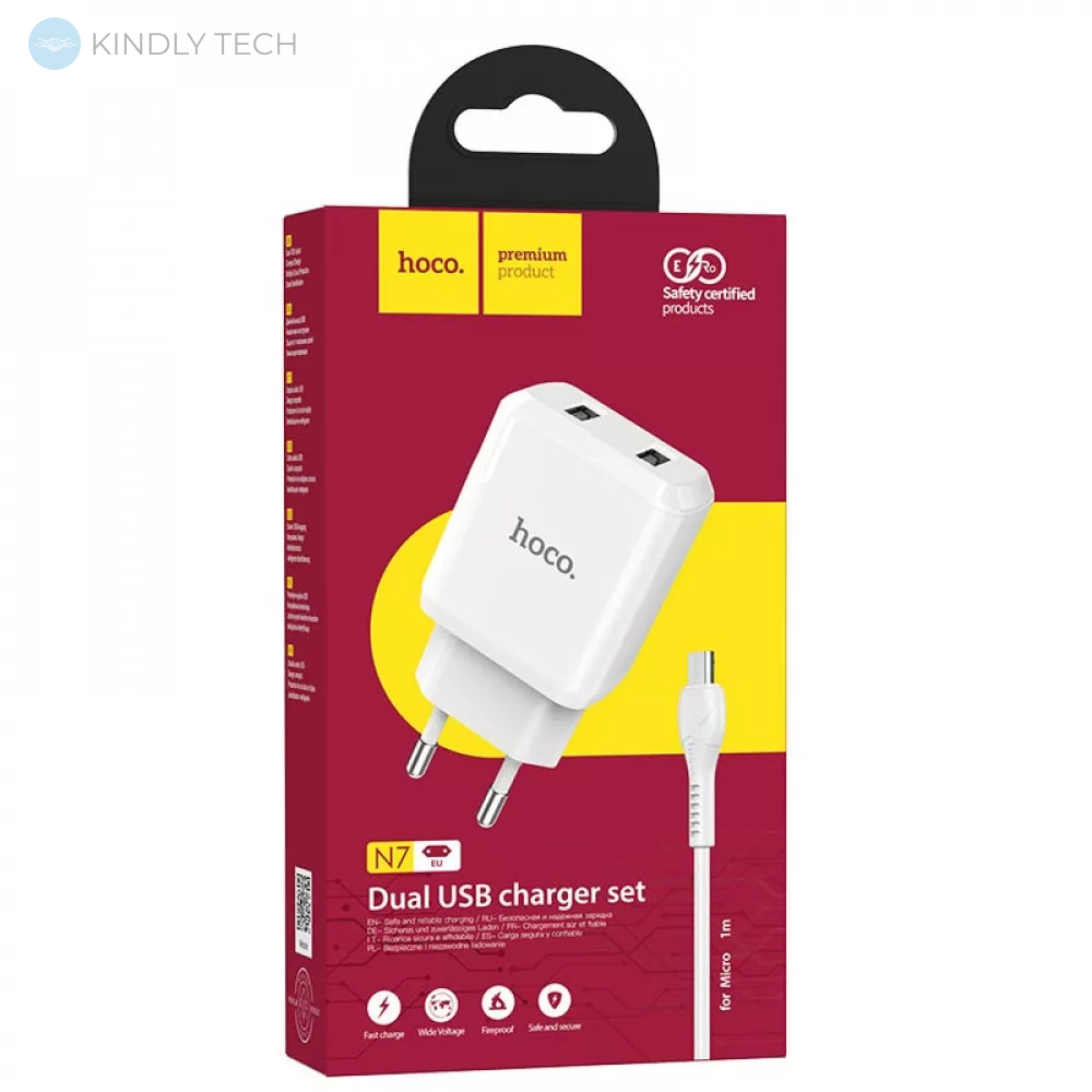 Мережевий зарядний пристрій 2.1A 2U | Micro Cable (1m) - Hoco N7 - White