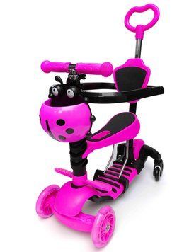 Дитячий Самокат Scooter Сонечко Божа Корівка з батьківською ручкою та бортиком Рожевий