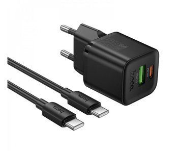 Мережевий зарядний пристрій швидкої зарядки 20W PD та QC3.0 з кабелем USB-C to USB-C 1 м &mdash; Hoco N65 &mdash; чорний