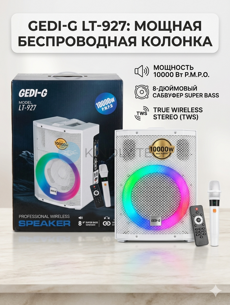Портативна Bluetooth-колонка GEDI-G 927 8&Prime; з LED-підсвіткою та потужними басами