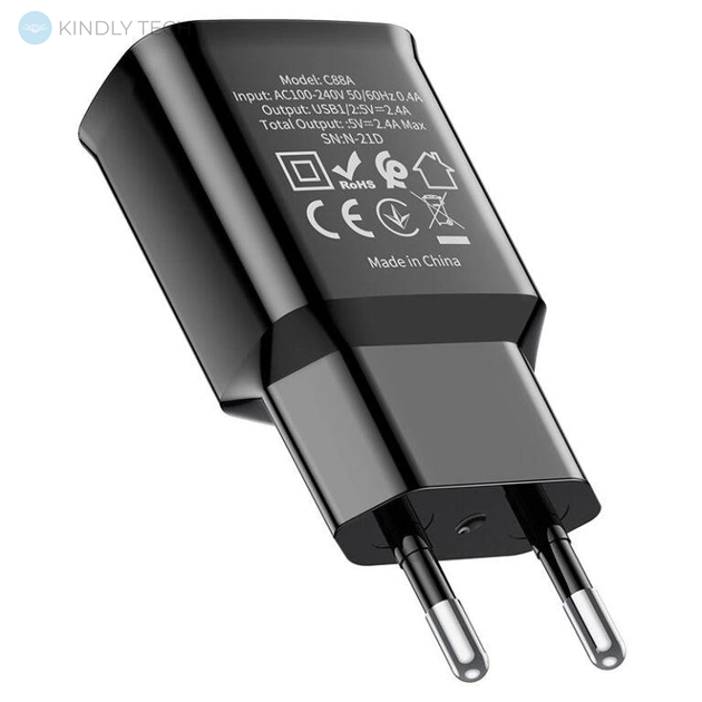 Сетевое зарядное устройство СЗУ адаптер на 2 USB Hoco C88A 2.4A, Черный