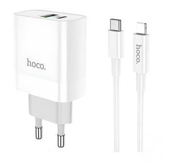 Мережевий зарядний пристрій Hoco C80A 20W з підтримкою PD та QC3.0 з кабелем USB Type-C to Lightning довжиною 1 м, колір White