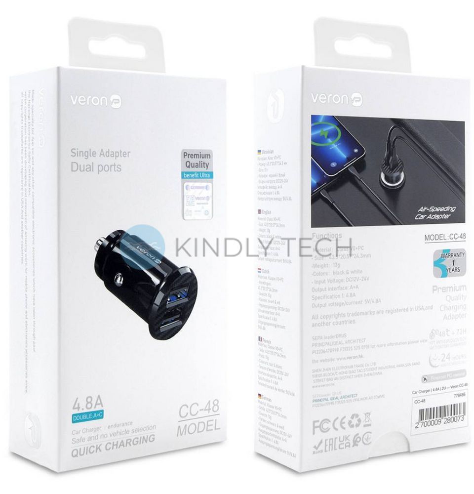 Автомобильный адаптер Car Charger 4.8A 2U Veron CC-48