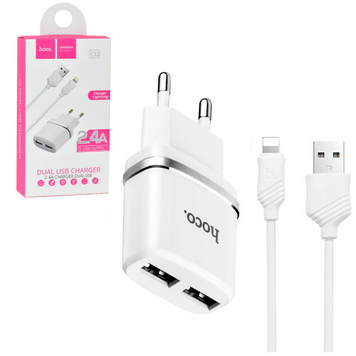 Сетевое зарядное устройство Hoco C12 2USB Smart + кабель Lightning 2.4A