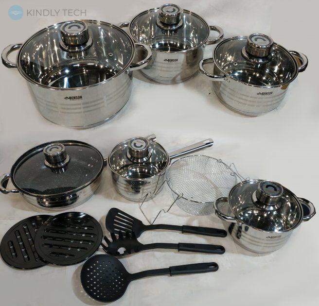 Набор посуды Benson BN-197 с крышками 18 предметов