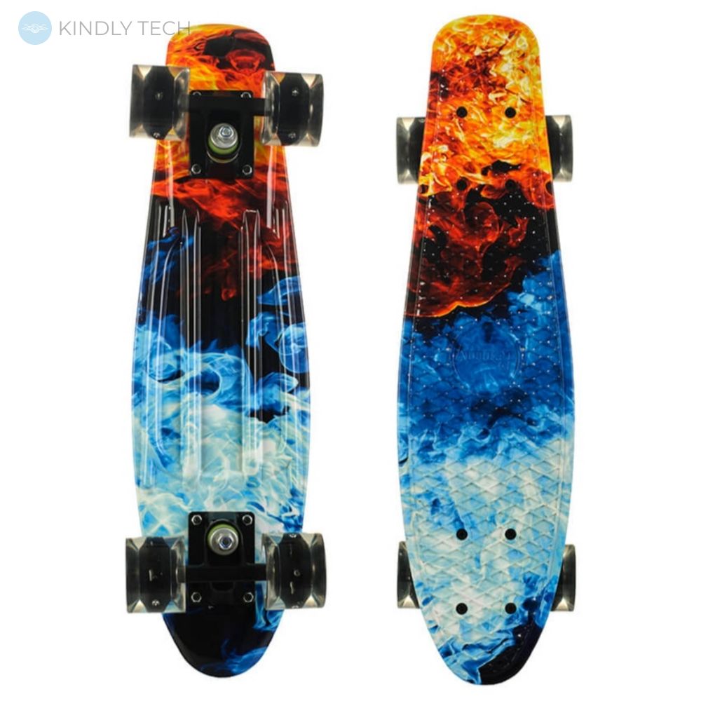 Скейт Пенни Борд (Penny Board) двухстороннего окраса со светящимися колесами, Лёд и пламя