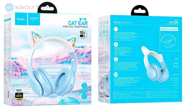 Навушники із вушками Bluetooth HOCO W42 Cat Ear, Блакитні