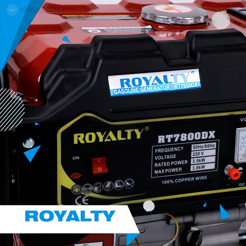 Генератор бензиновый с стартером ROYALTY RT7800DX однофазный 3.8/3.5 кВт