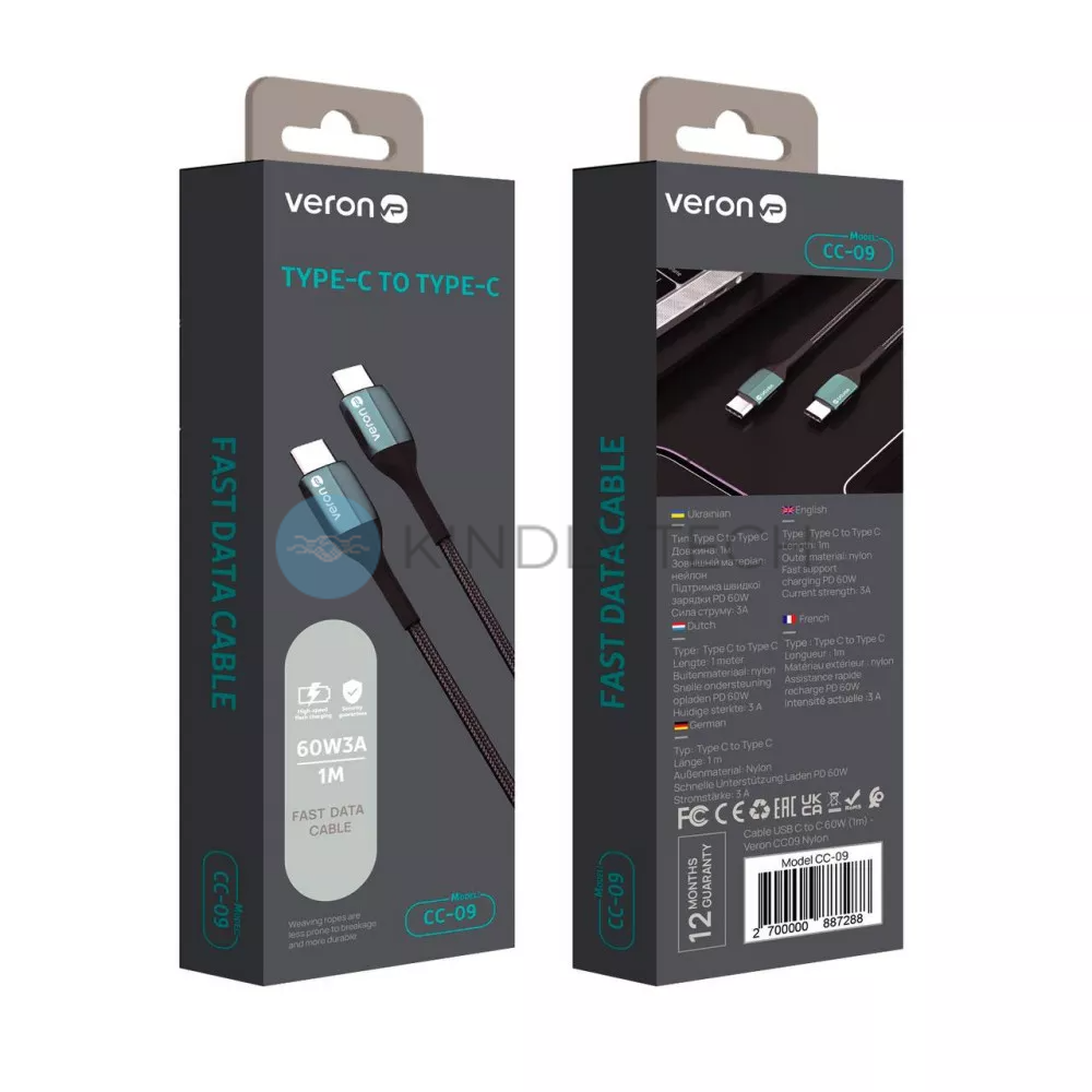 Кабель USB C to C 3A (1m) &mdash; Veron CC09 Nylon &mdash; Black
