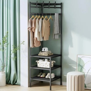 Вешалка угловая для одежды и обуви Multifunctional corner coat rack, три полки, Черная