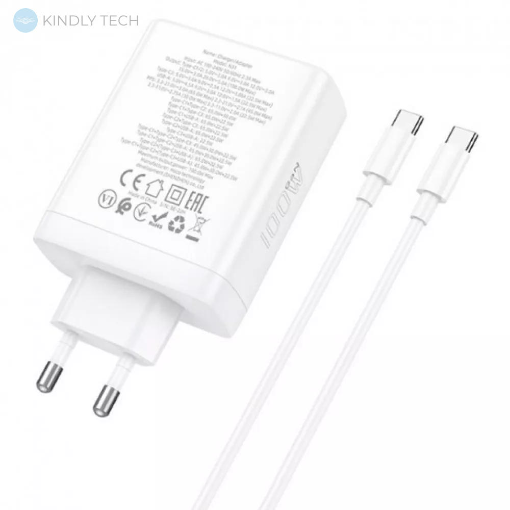 Сетевое зарядное устройство 100W | PD | QC3.0 | C to C Cable (1m) — Hoco N31 — White