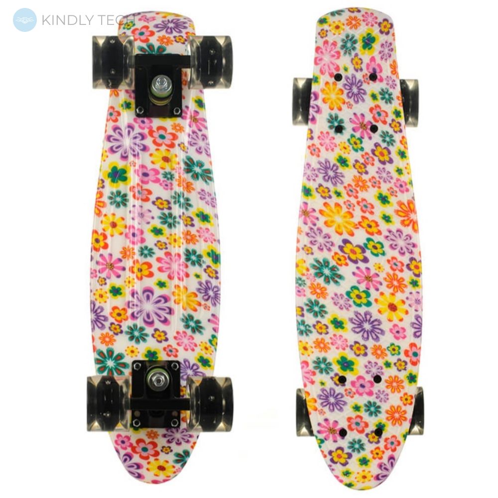 Скейт Пенні Борд (Penny Board) двостороннього забарвлення з сяючими колесами, Квіти