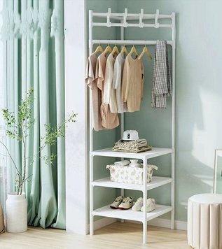 Вешалка угловая для одежды и обуви Multifunctional corner coat rack, три полки, Белая