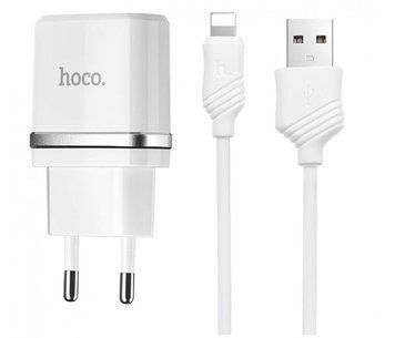 Мережевий зарядний пристрій Hoco C12 з двома USB-портами 2.4A та кабелем Lightning 1 м для швидкої та стабільної зарядки смартфонів і планшетів, білий колір