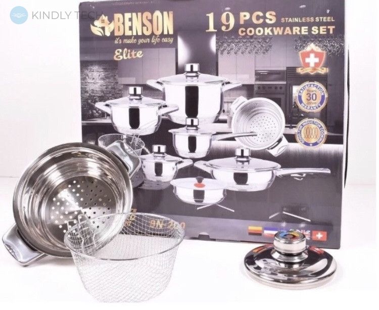 Набір посуду із нержавіючої сталі 19 предметів Benson BN-200