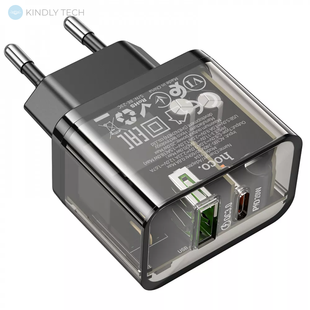 Зарядний пристрій Home Charger | 20W | 2 PD | QC3.0 — Hoco N34 Dazzling — Transparent Black