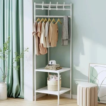 Вешалка угловая для одежды и обуви Multifunctional corner coat rack, две полки, Белая