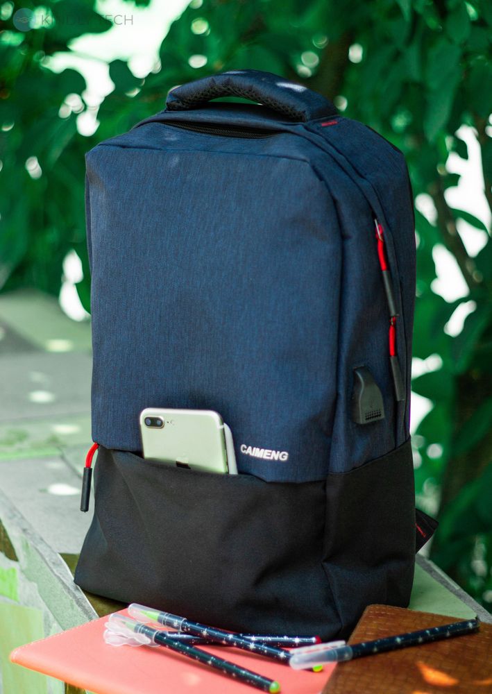 Современный рюкзак для ноутбука на одно отделение Caimeng 802 с USB+кабель Сине-Чёрный