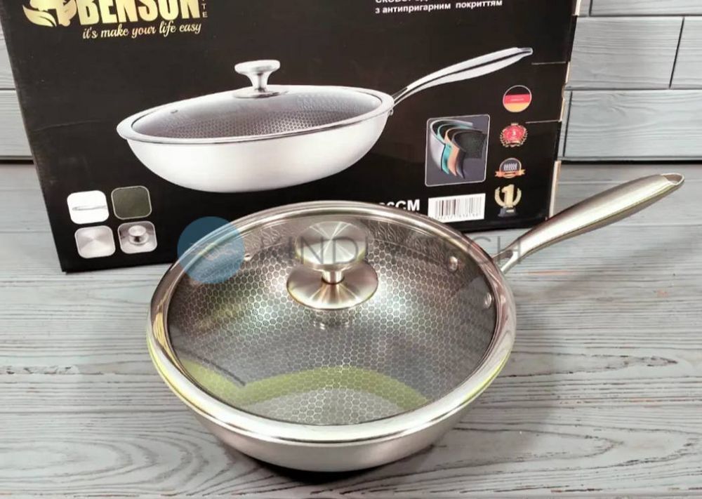 Сковорода WOK з нержавіючої сталі, антипригарне покриття, Benson BN-589, 26 см