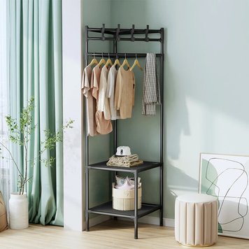 Вешалка угловая для одежды и обуви Multifunctional corner coat rack, две полки, Черная