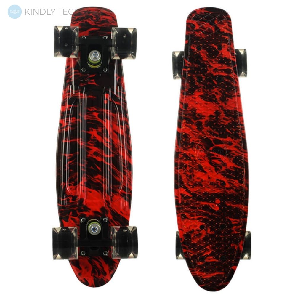 Скейт Пенни Борд (Penny Board) двухстороннего окраса со светящимися колесами, Красное пламя