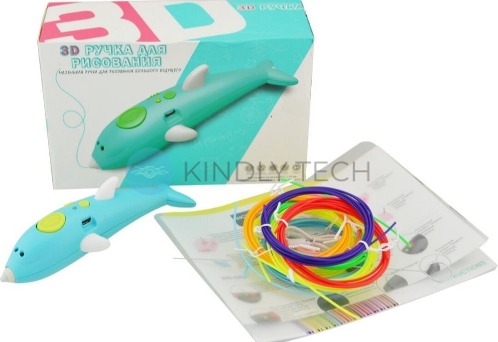 Беспроводная 3D ручка с аккумулятором Constructor Toys K 9903 c трафаретом "Дельфин", Blue