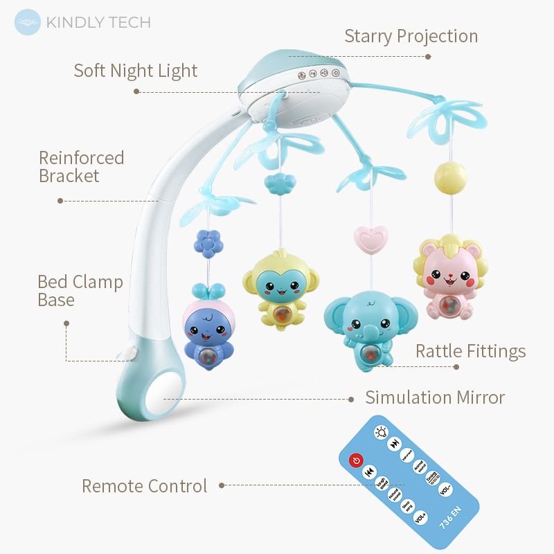 Детская музыкальная каруселька-подвеска на кроватку с проектором Baby bluetooth Projection, Светло синий