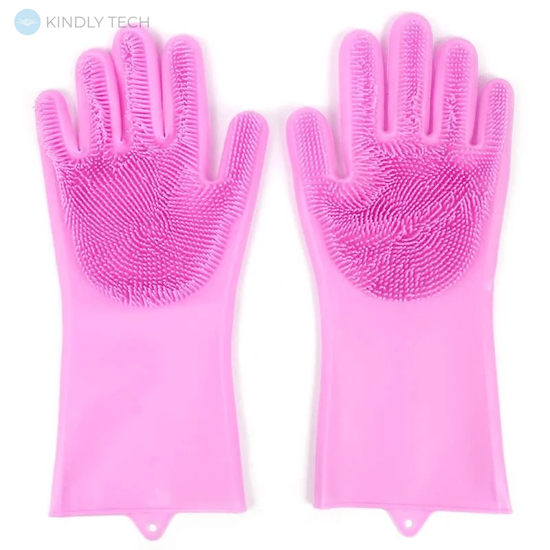 Силіконові багатофункціональні рукавички для миття і чищення Magic Silicone Gloves з ворсом Рожеві