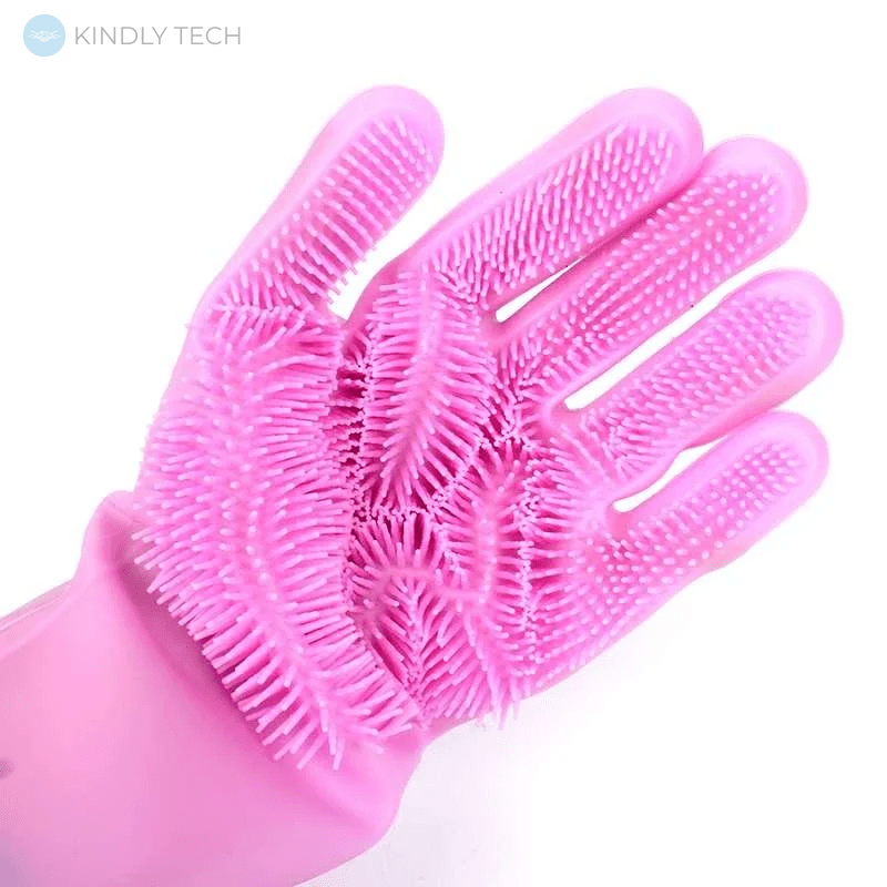 Силиконовые многофункциональные перчатки для мытья и чистки Magic Silicone Gloves с ворсом Розовые