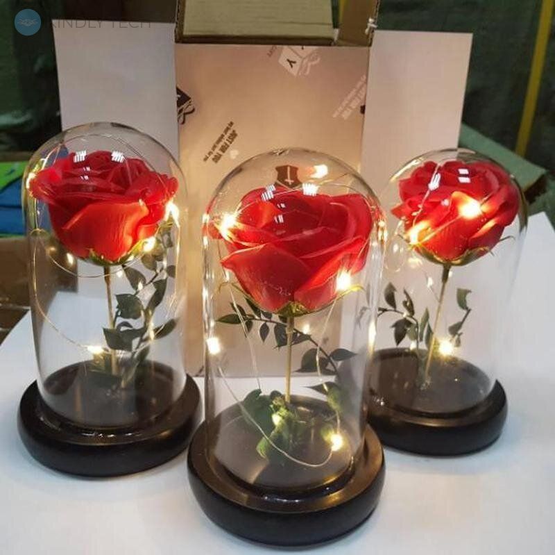 Роза червона в колбі " маленька" з LED підсвічуванням жовтого кольору, відмінний подарунок коханій дівчині