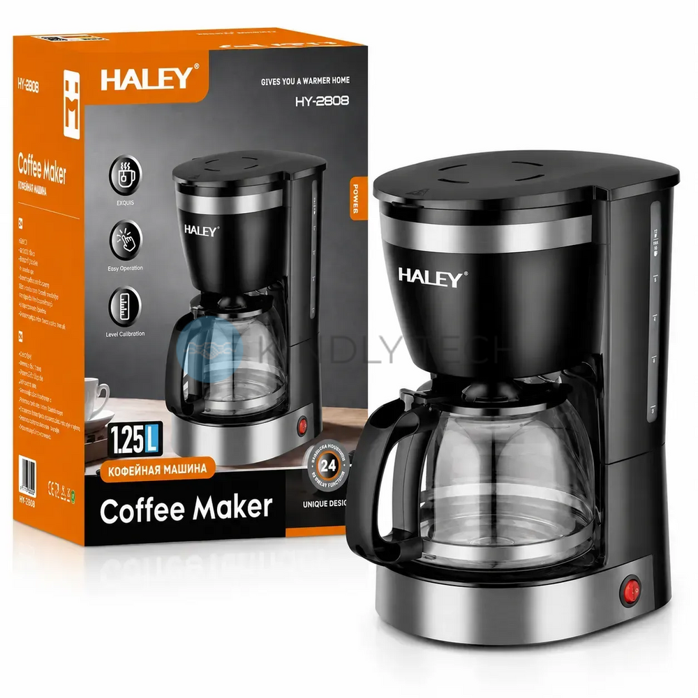Практическая капельная кофеварка Haley HY-2808 800 Вт с колбой 1,25 л и многоразовым фильтром