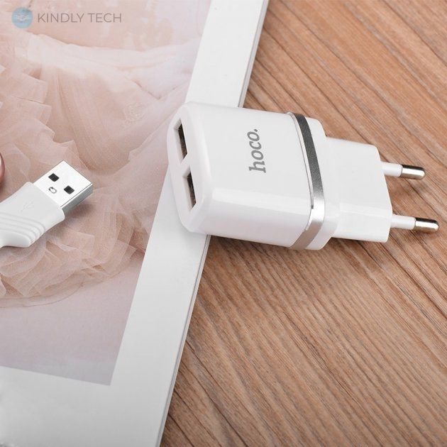 Зарядний пристрій HOCO C12 на 2USB 5W/2.4A + кабель Lightning (Iphone), White