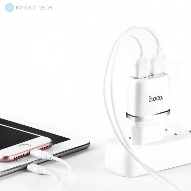 Зарядное устройство HOCO C12 на 2USB 5W/2.4A + кабель Lightning (Iphone), White