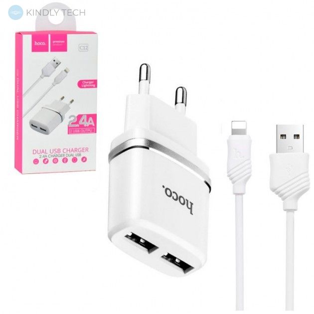 Зарядний пристрій HOCO C12 на 2USB 5W/2.4A + кабель Lightning (Iphone), White