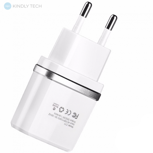 Зарядний пристрій HOCO C12 на 2USB 5W/2.4A + кабель Lightning (Iphone), White