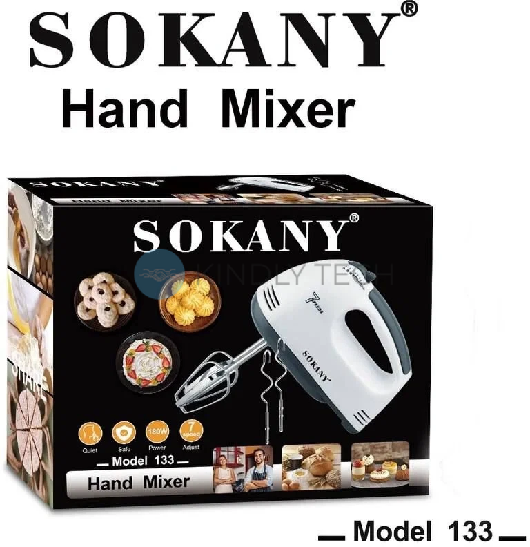 Миксер ручной миксер Sokany SC-133, 7 скоростей, 2 венчика, 2 крюка для теста, 260 Вт, Белый