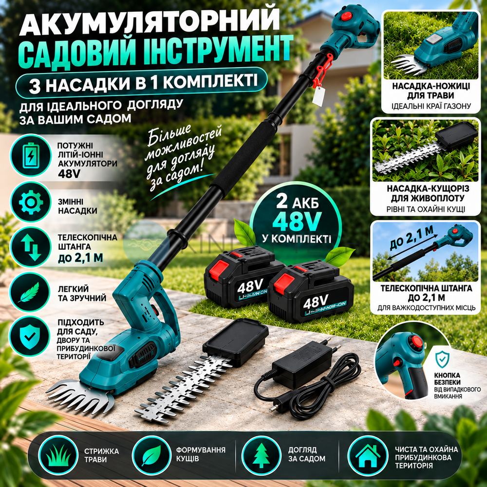 Універсальний акумуляторний садовий інструмент 26X-145 3 в 1 48 В із телескопічною штангою та 2 акумуляторами