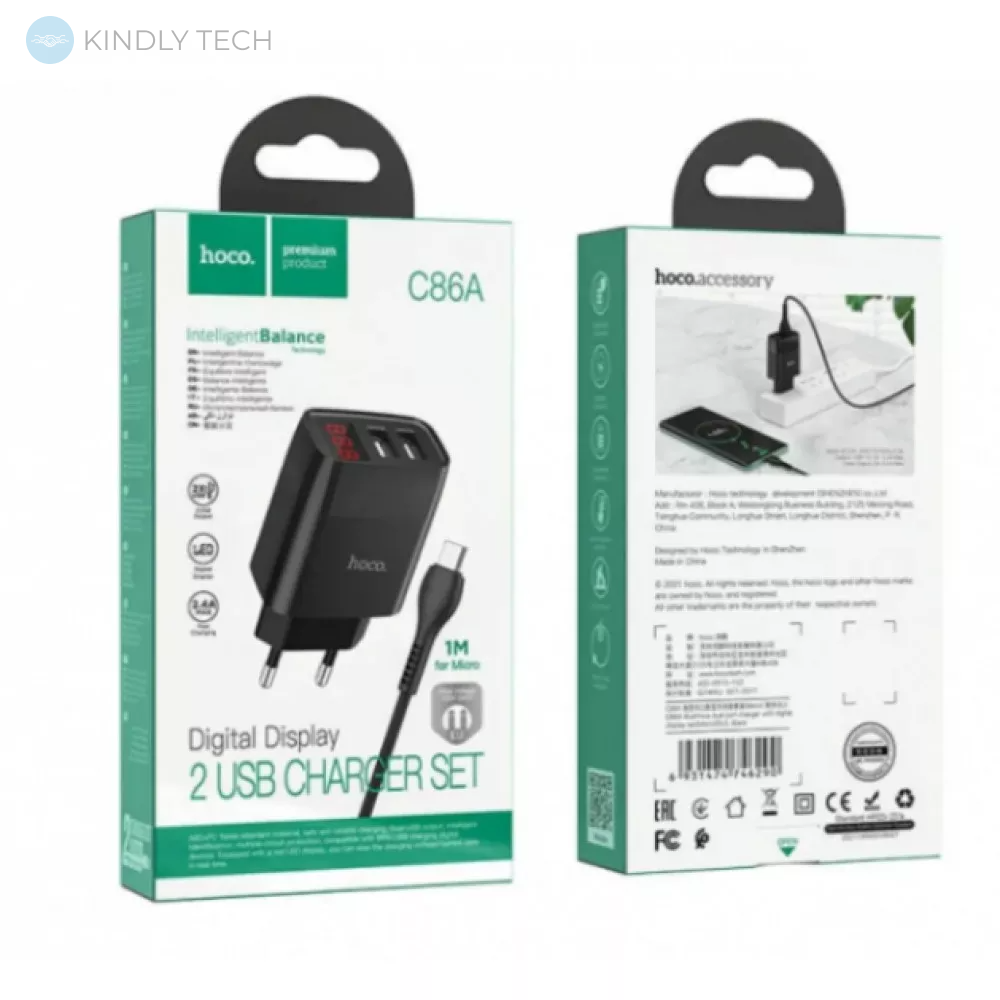 Сетевое зарядное устройство 2.4A | 2U | USB C Cable (1m) — Hoco C86A Digital Display — Black