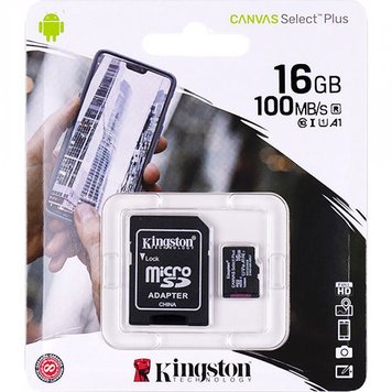 Карта памяти 16GB microSDHC Kingston Canvas Select Plus Class 10 UHS-I + SD адаптер, Черный