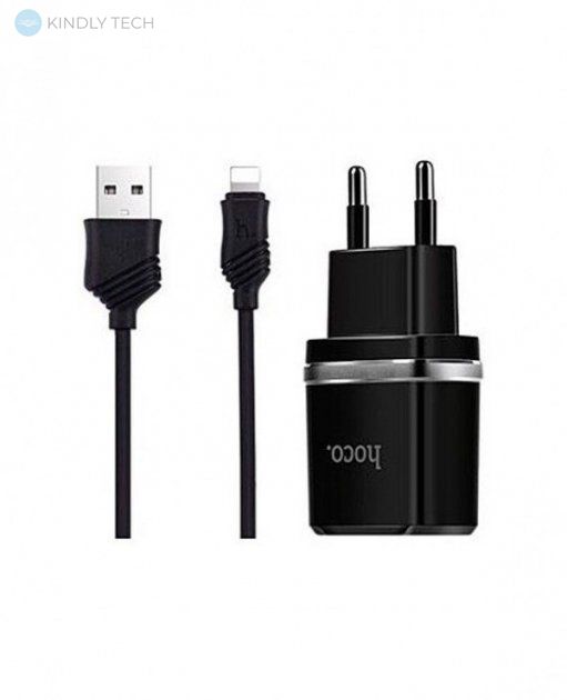 Зарядний пристрій HOCO C12 на 2USB 5W/2.4A + кабель Lightning (Iphone), Black
