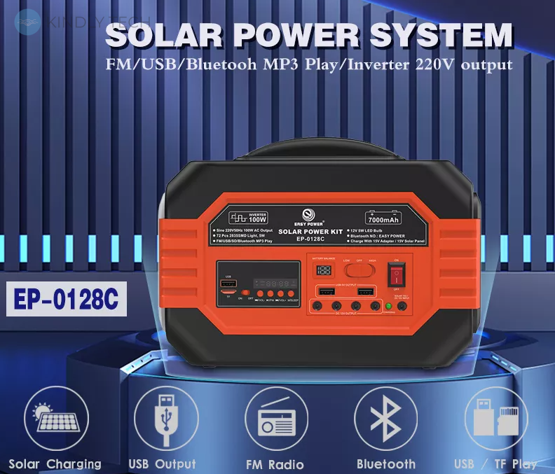 Cистема генератора солнечной энергии EP-0128C 220V 100W, с солнечной панелью 15V 13W (Блютус+Радио+TF+USB+Лампочка 3 шт.)