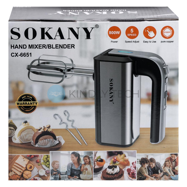 Міксер ручний Sokany CX-6651, з 5 швидкісними режимами, 800 Вт, Сріблястий