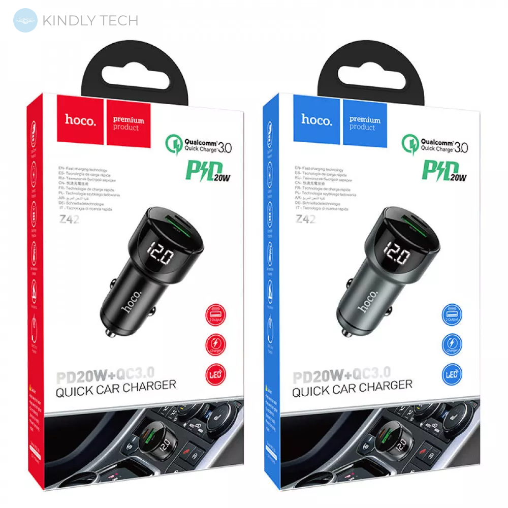 Автомобільний зарядний пристрій Car Charger | 20W | PD | QC3.0 | Digital Display — Hoco Z42 — Black