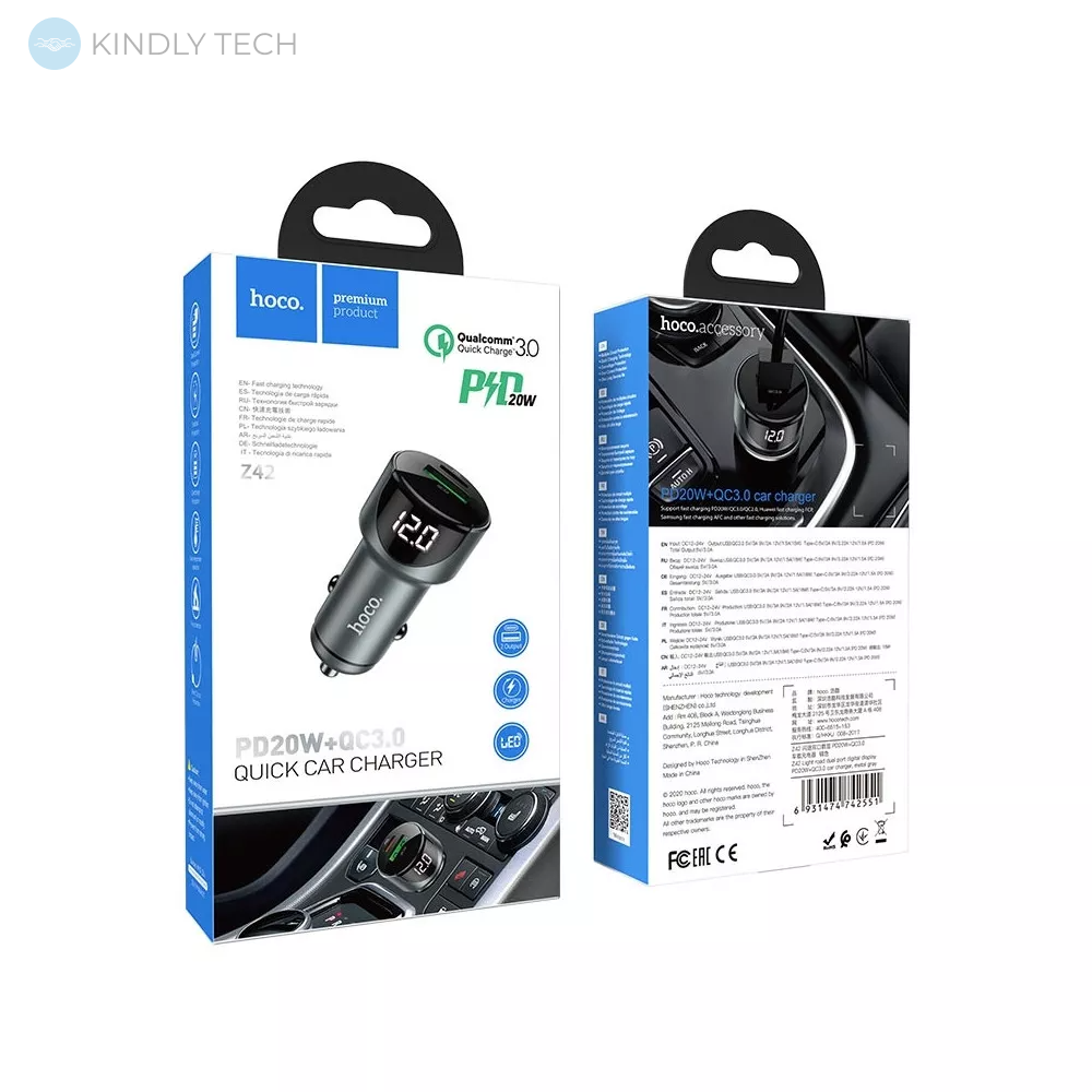 Автомобільний зарядний пристрій Car Charger | 20W | PD | QC3.0 | Digital Display — Hoco Z42 — Metal Gray
