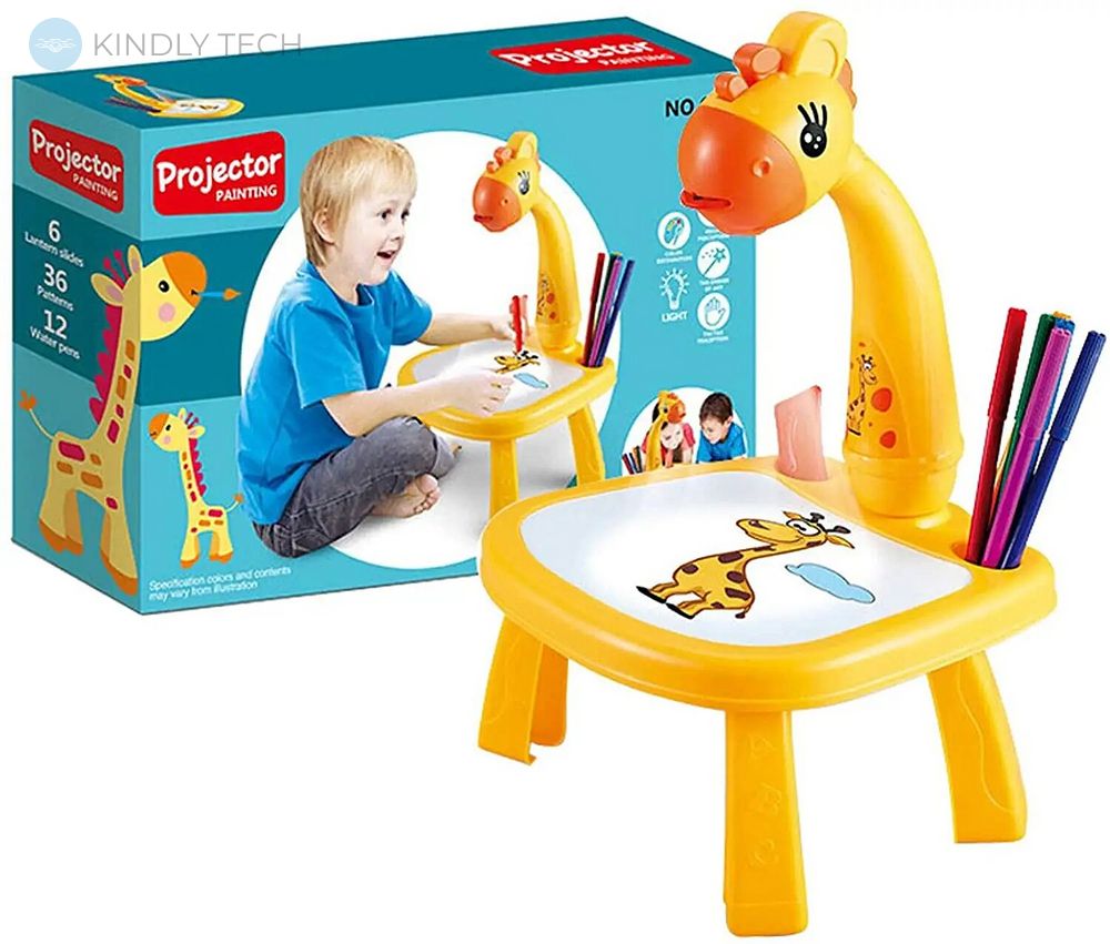Дитячий стіл проектор для малювання з підсвічуванням Жираф Projector Painting 24 Деталі, Yellow