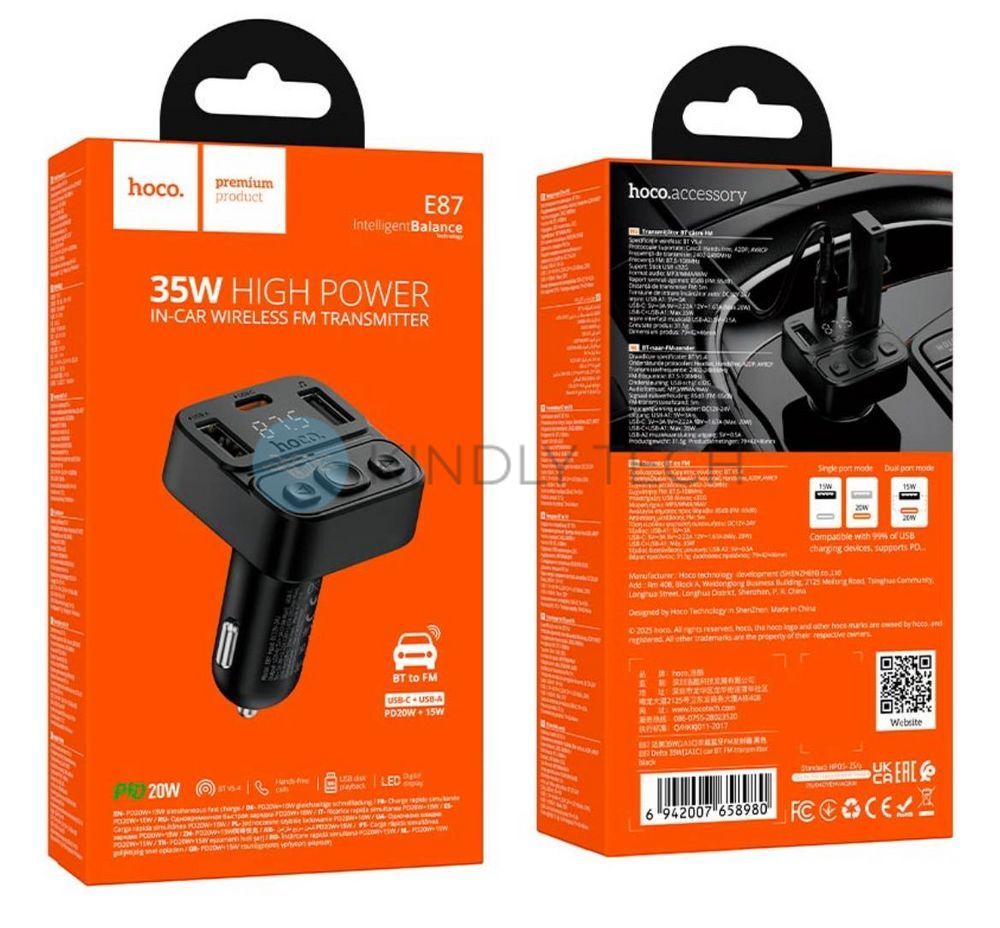 Автомобильный FM-модулятор HOCO E87 Delta с Bluetooth5.4, быстрой зарядкой PD20W и 15W, одним Type-C и двумя USB-портами для музыки и зарядки устройств в пути
