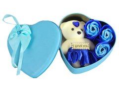 Подарочный набор в форме сердца с милым Мишкой и 3 мыльными розами, Blue