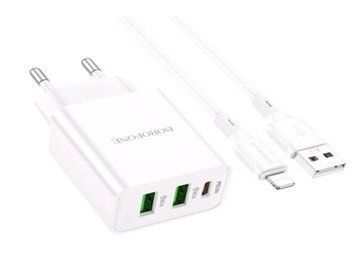 Домашній зарядний пристрій 20W PD QC3.0 з кабелем Lightning (1 м) Borofone BA70A білого кольору