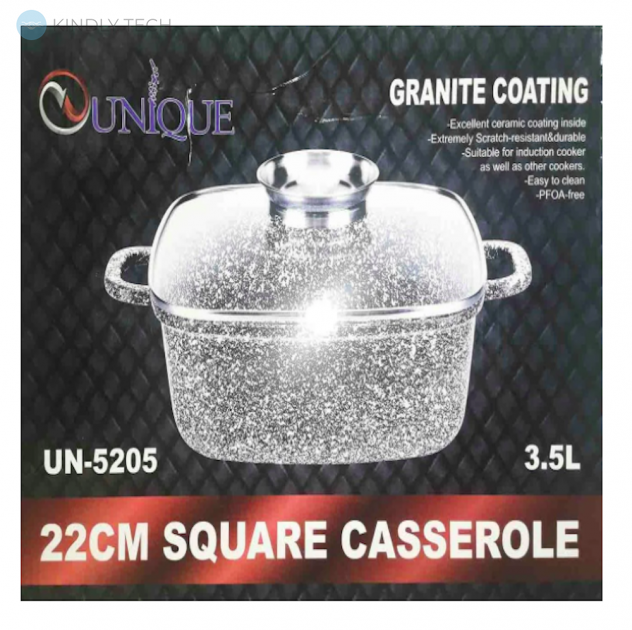 Каструля з кришкою квадратна із гранітним покриттям UNIQUE UN-5205 (3.5л)